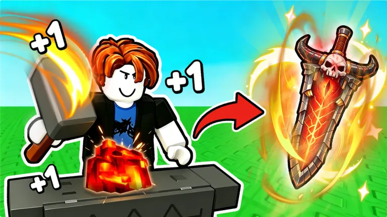 A Roblox player hammering glowing ore on an anvil to forge a flaming skull sword in +1 Loot To Forge